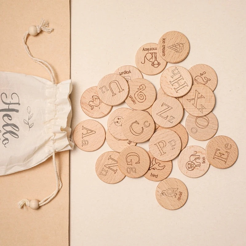 Double sided wooden alphabet disc