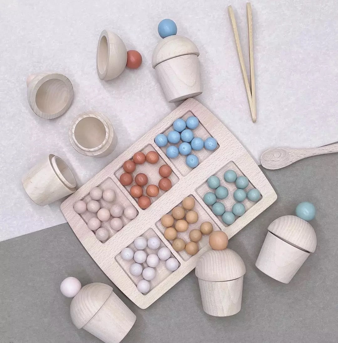 Seconds:Wooden Colour Sorting Cups with beads and tools