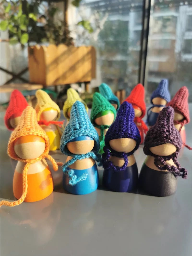 Wooden Rainbow peg dolls in Knitting Hat