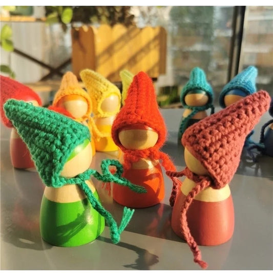 Wooden Rainbow peg dolls in Knitting Hat